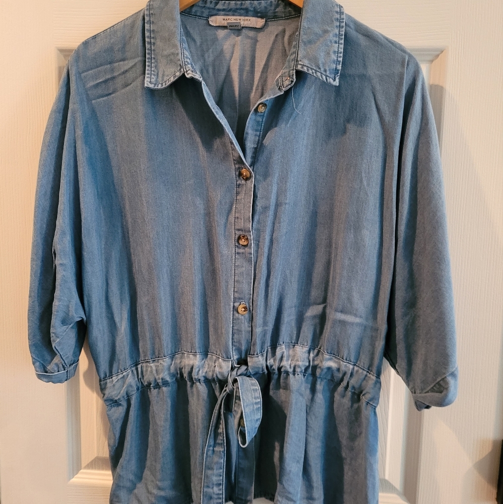 Marc New York Soft-Denim Like Tie Front Cuff Sleeved Blouse